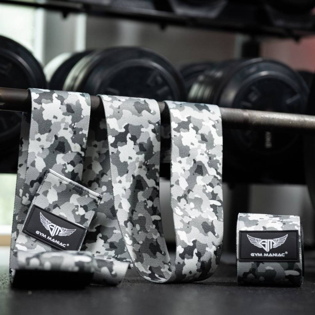 Gym Maniac Light Gray Camo GM Support Compression Knee Wraps Gym Maniac Light Gray Camo GM Support Compression Knee Wraps